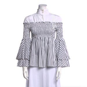 Caroline Constas Blouse Ruffle Tiered High Neck Bell Sleeves XS Striped